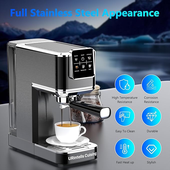Espresso Machine 20 BarTouch Screen Espresso Maker with Steam Milk FrotherStainless Steel Expresso Coffee Machine for Cappuccino Latte Cold Brew1350W Fast Heat Up SystemBlack