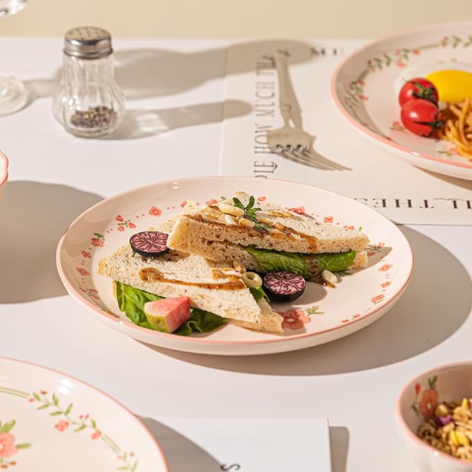 24 Pieces Gourmet Porcelain Dinnerware Sets Premium Plates and Bowls Set High-Fired Ceramic Dishes Set for 6 Microwave Dishwasher Safe Pink Peach Blossom Pattern.
