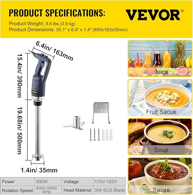VBENLEM Commercial Immersion Blender 500W Power Hand Held Mixer with 19.7-Inch 304 Stainless Steel Removable Shaft Electric Stick Blender Variable Speed 4000-16000RPM