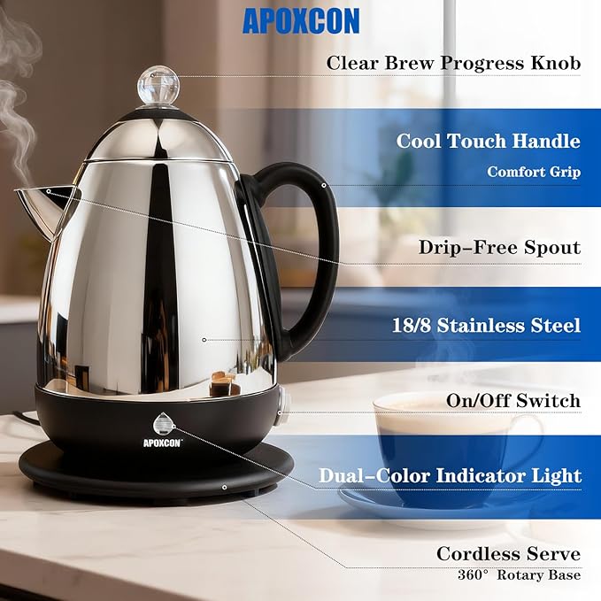 Electric Coffee Percolator Stainless Steel Coffee Maker with Clear Brew Progress Knob &amp Cleaning Brush Auto Keep Warm Cordless Serving elegant design Coffee pot with On/OFF Switch (10 Cup)