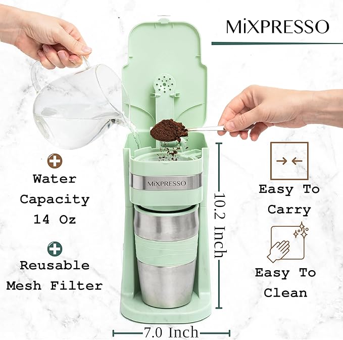 Mixpresso Green Personal Single Serve Coffee Maker with 14oz Travel Mug Drip Small Coffee Maker with Auto Shut Off Reusable Filter Works with Ground Coffee Only – Not for K-Cup Pods