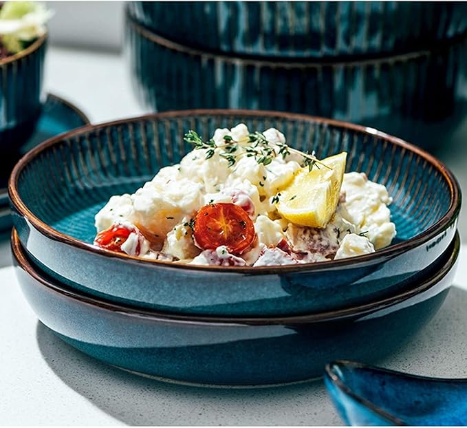 Blue Dinnerware Sets Plates and Bowls Sets Stoneware Dish Set Round Reactive Glaze Stoneware Dinnerware Set (24 Pieces)