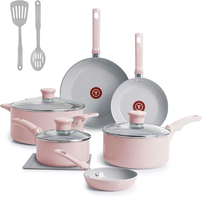 T-Fal Refresh Ceramic Nonstick Cookware Set 12-Piece Ceramic Pots and Pans Set Oven Safe to 350°F Includes Stockpot Griddle Frying Pans &amp Utensils Dusty Rose