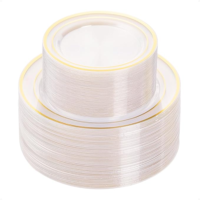 BESTVIP 100PCS Clear Plastic Plate Disposable Party Plates with 50 Dinner and 50 Dessert Plates Plastic Plate for Party Wedding and Birthday