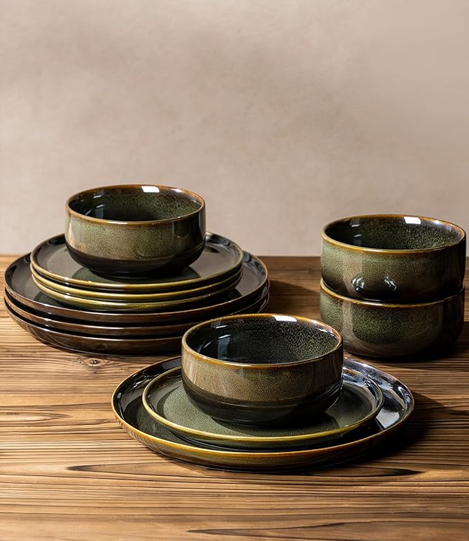 TheTerra Ceramic Dinnerware Sets for 8 24 Pieces Handmade Reactive Glaze Plates and Bowls Set Scratch Resistant Dish Set Oven &amp Microwave &amp Dishwasher Safe Olive Green