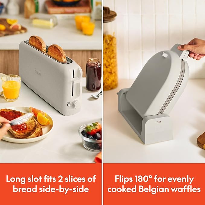 BELLA 2 slice Slim toaster + Flip-n-Store Ceramic Waffle Maker Fits-anywhere™ Kitchenware Waffle Iron w with EverGood™ Ceramic Nonstick Coating &amp Smart Toaster w 6 Shades Control Oatmilk