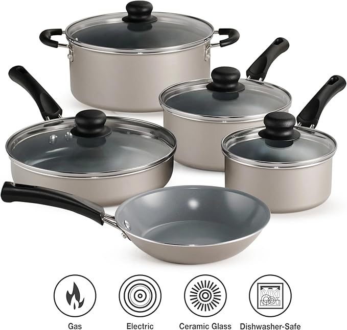 9-Piece Champagne Ceramic Non-Stick Pots and Pans Set Includes Skillets &amp Saucepans &amp Dutch Oven Stackable Cookware Set for All Stovetops
