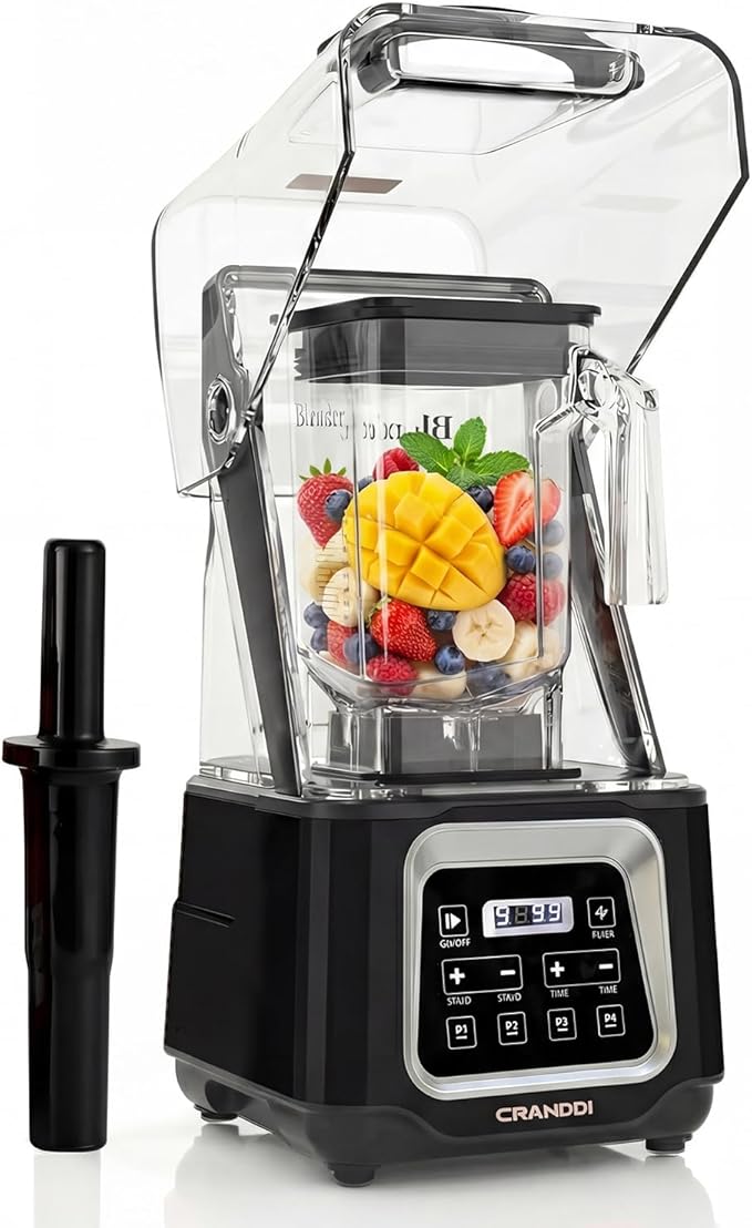 Commercial Blender 2200W CRANDDI Professional Quiet Smoothie Blender with Smart Touch Screen &amp Removable Cover 52oz for Frozen Drinks Juice &amp More 4 Preset Programs K80TS Black