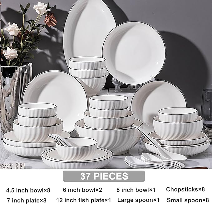 37 Pieces Kitchen Dinnerware Set Simple Ceramic Dishes Set Thick and Durability Dish Plates and Bowls Sets Stackable Dishware Sets High Temperature Firing Easy to Heat Microwave and Oven Safe