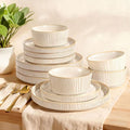 Stoneware Dinnerware Sets for 4 12 Pcs Ribbed Reactive Glaze Ceramic Plates and Bowls Sets Chip Resistant Microwave Dishwasher Safe Dish Set Housewarming Gifts Cappuccino White