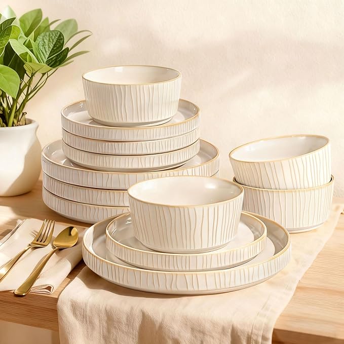 Stoneware Dinnerware Sets for 4 12 Pcs Ribbed Reactive Glaze Ceramic Plates and Bowls Sets Chip Resistant Microwave Dishwasher Safe Dish Set Housewarming Gifts Cappuccino White