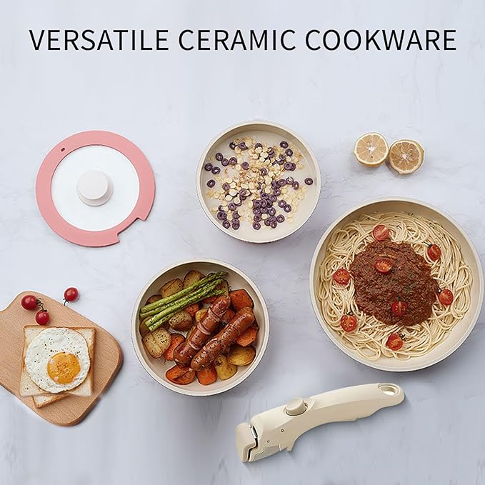 IKTU Ceramic Pots and Pans Set Non Stick Pink 5Pcs Nonstick Cookware Set with Detachable Handle RV Camping Induction Kitchen Cookware Set Non Stick PFAS PFOA &amp PTFE Free