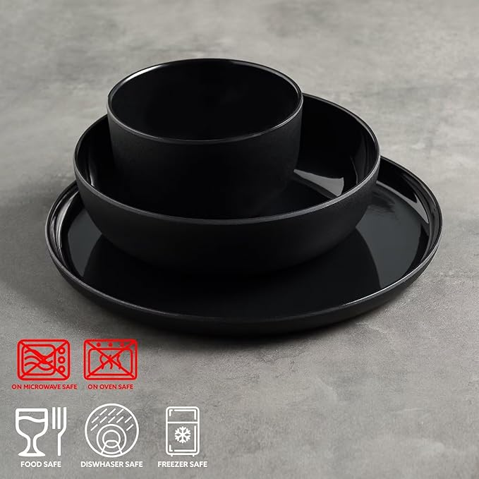 MissYIP Melamine Dinnerware Sets 12pcs Service for 4 Unbreakable Reusable Kitchen Dinnerware Set Outdoor Camping Dishes BAP free Dishwasher SafeNot oven-safe or microwavable(Black)