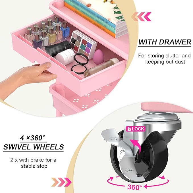Goovilla 4 Tier Rolling Utility Cart Organizer with Removable Drawer Stable and Sturdy Pink Rolling Storage Carts with 2 Lockable Wheels for Bathroom Kitchen Snack Craft Makeup Baby Essentials