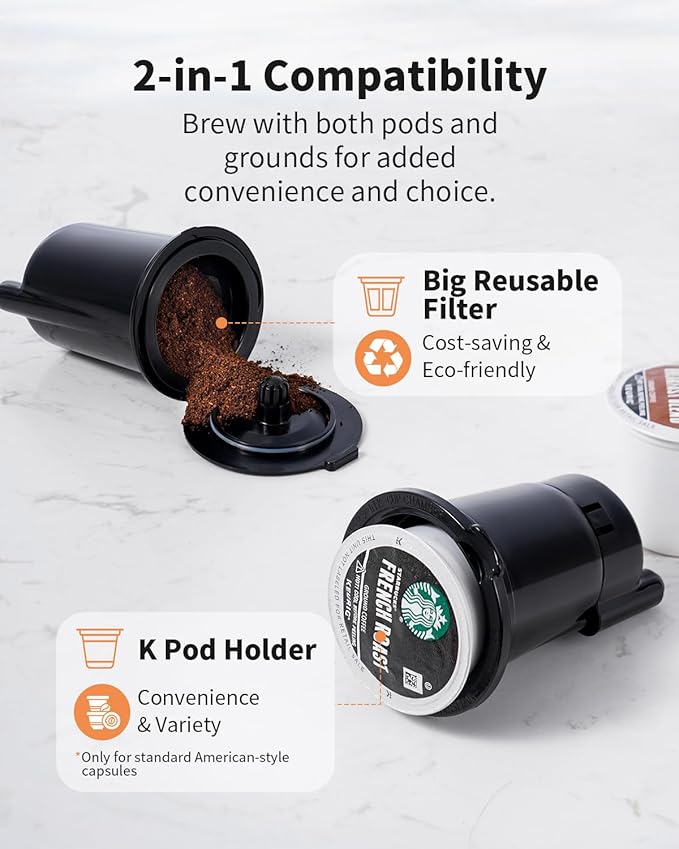 Hot &amp Iced Coffee Maker with Bold Setting Single Serve Coffee Maker for K Cup and Grounds 6-14 Oz Brew Sizes 50 Oz Removable Water Tank One Cup Coffee Machine with Reusable Filter White