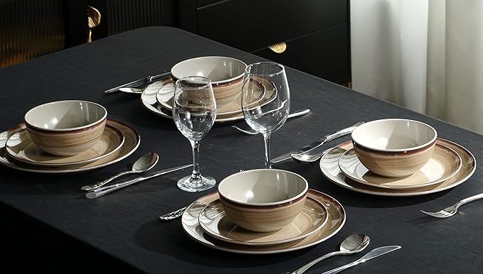 Melamine Dinnerware Sets Dinnerware Sets for 4 12Pcs Plates And Bowls Sets Lightweight and Unbreakable Dish Set for Camping PicnicRV Dishwasher SafeBPA Free（Brown）