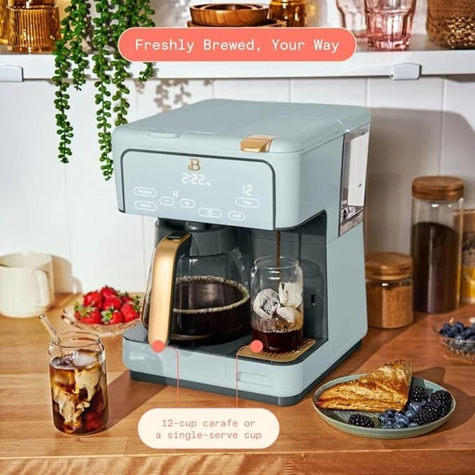 Multi-Brew Coffee Maker – 12-Cup Carafe &amp Single-Serve Pod or Grounds Iced Coffee Mode Programmable Touch Display Includes Filters (Hydrangea)