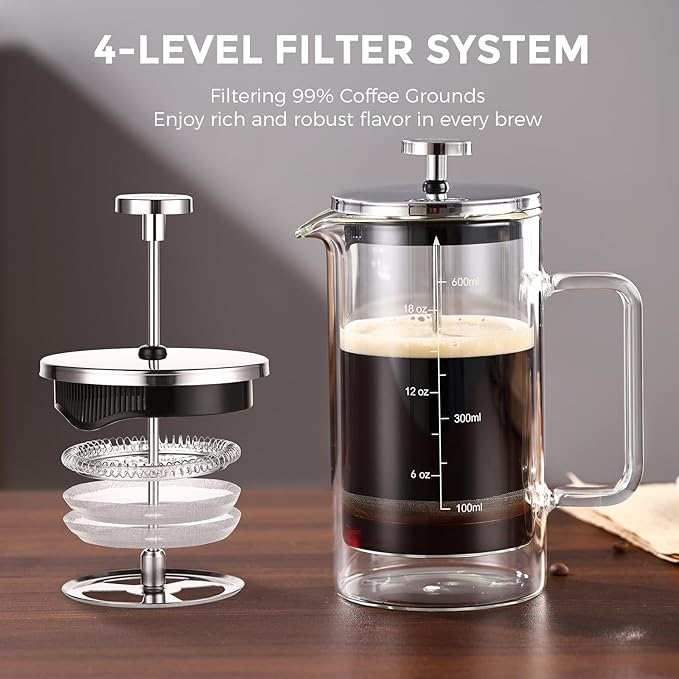 Bincoo French Press Coffee Maker 600MLDouble Wall Insulated Borolicate Glass French Press for Tea and Frothed Milk Press