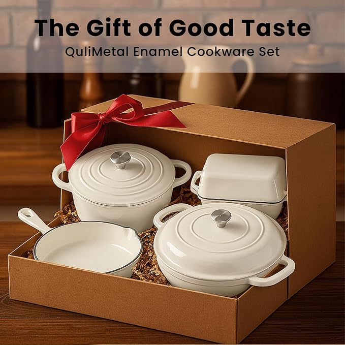 QuliMetal Enameled Cast Iron Cookware Set 5-Piece – 2.3QT Dutch Oven 4.7QT Braiser 10 Skillet 9x5 Oval Bread Pan &amp Rack – Versatile Oven-Safe Enamel Cast Iron Pots and Pans for Home Cooking