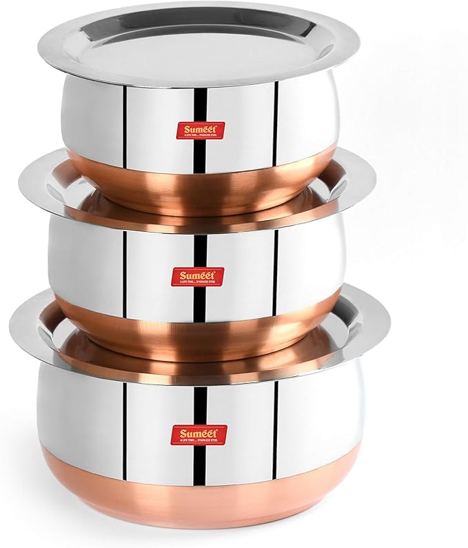 Sumeet Stainless Steel Copper Bottom Belly Shape 3 Pc Tope/Cookware/Pot Set with Lid 380ML 500ML 780ML (Silver)