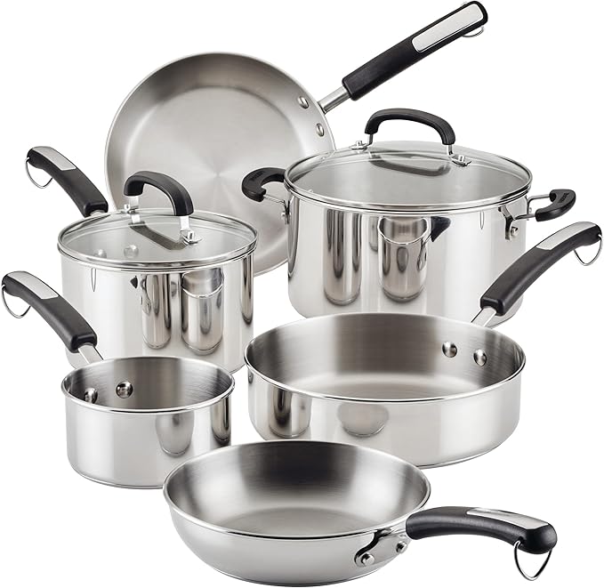Farberware Brilliance Stainless Steel Cookware Pots and Pans Set with Kitchen Cooking Tools and Glass Lids 10 Piece Dishwasher Safe and Induction Ready Stainless Steel