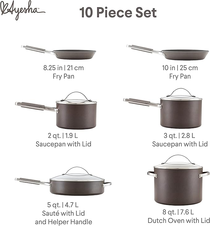 Ayesha Curry Kitchenware Professional Hard Anodized Nonstick Cookware Pots and Pans Set 10 Piece Charcoal