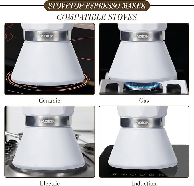 Moka Pot 6-Cup Espresso Maker 300ml Portable Stovetop Espresso Maker Percolator Coffee Pot Compatible with Induction Cooktops Suitable for Home and Camping (White)