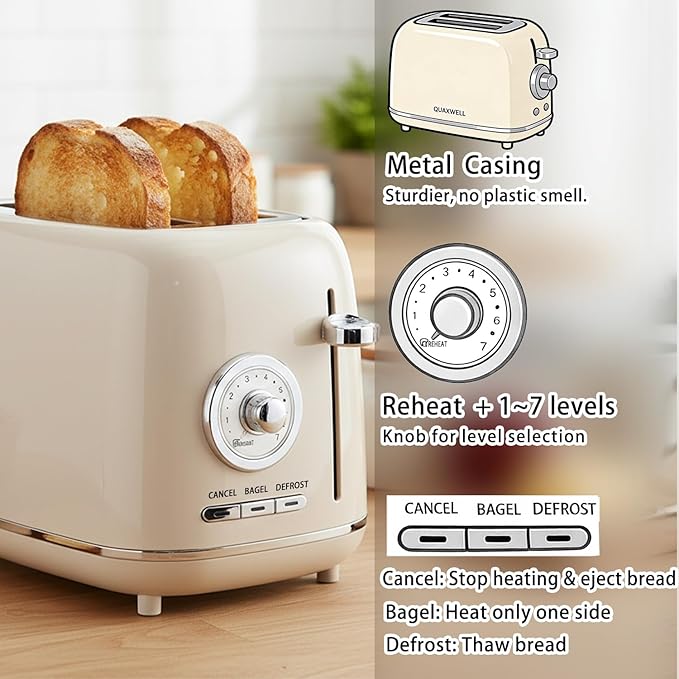2-Slice Toaster Wide Slots 7 Bread Shade Settings Stainless Steel Bagel Cancel and Defrost Functions Removable Crumb Tray Retro Style ToasterBeige