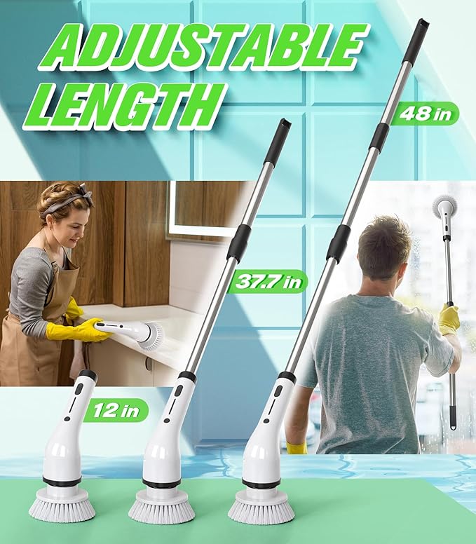 Electric Spin Scrubber for CleaningCordless Waterproof Bathroom Shower Brushes with 9 Heads1.5H Power Dual Speed Cleaner with Extendable Handles for Bathtub Floor Kitchen Wall