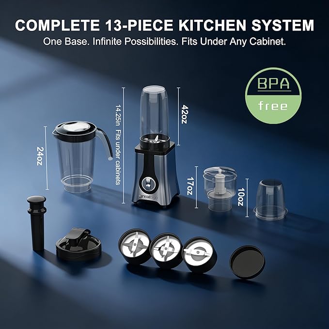 Smoothie Blender Food Processor Combo 13 Piece All-in-One Kitchen System with Grinder Meat Chopper 4 in 1with 4 BPA-Free Cups(10oz-42oz) ShakesBaby FoodBlendingDishwasher SafeIdeal Gift