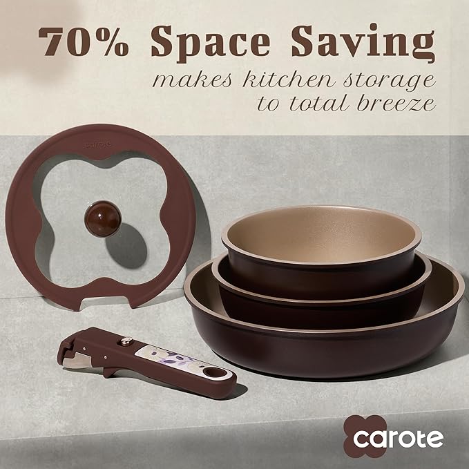 CAROTE 11pcs Ceramic Cookware Set Pots and Pans Set Non stick Induction Kitchen Cookware with Removable Handle RV Dishwasher ＆ Oven Safe RV/Camping Cookware PFOA Free Brown