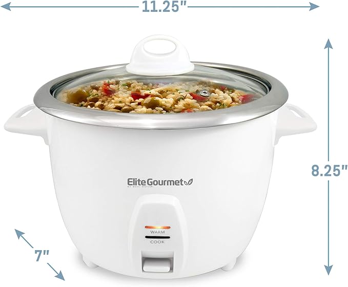 Elite Gourmet ERC-2010 Electric Rice Cooker with Stainless Steel Inner Pot Makes Soups Stews Grains Cereals Keep Warm Feature 10 Cups Cooked White