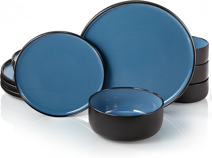 Dinnerware Set 12 Piece Service for 4 Vase and Vessel Ceramic 10.5” Dinner Plates 8.2” Salad Plates and 20 oz Bowls Stoneware Somerset Collection (Black/Slate Blue)