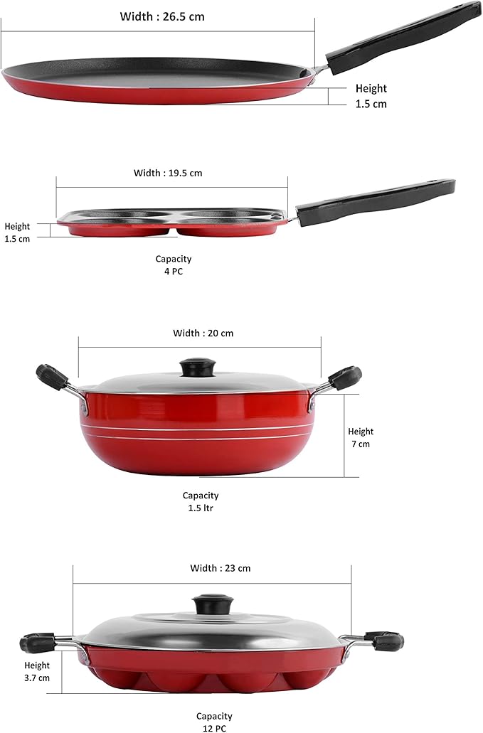 Sumeet 2.6 mm Thick Non-Stick Rojo Cookware Set (Dosa Tawa 26.5 cm Dia Mini Multi Snack Maker 19.5 cm Dia Kadhai with Lid 1.5 Ltr Capacity 20 cm Dia Grill Appam Patra with Lid 23 cm Dia)