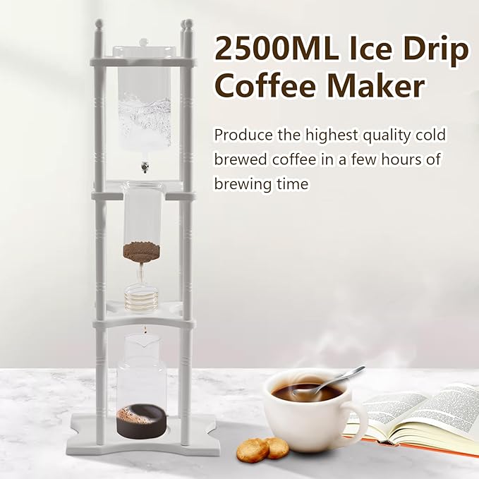 Ice Drip Coffee Maker2500ml/84.54 oz Cold Brew Coffee Tower Slow Drip Japanese Cold Brew Maker Drip Ice Coffee Tower Glass Dutch Coffee Dripper with Wood Straight Frame for Commercial Office