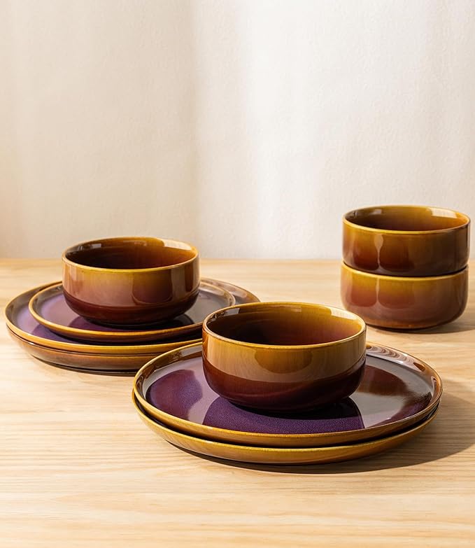 TheTerra Ceramic Dinnerware Sets for 4 12 Pieces Handmade Reactive Glaze Plates and Bowls Set Scratch Resistant Dish Set Oven &amp Microwave &amp Dishwasher Safe Amber Amethyst