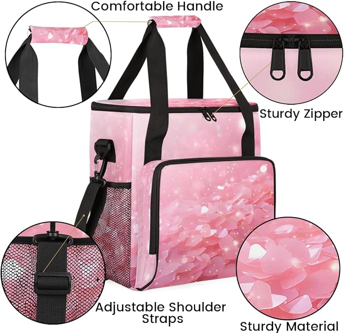 Glitter Sequin Coffee Maker Carrying Bag Pink Portable Travel Storage Tote Bag Compatible with K-Mini or K-Mini Plus Single Serve Coffee Brewer Carrying Case with Multiple Pockets &amp Shoulder Str