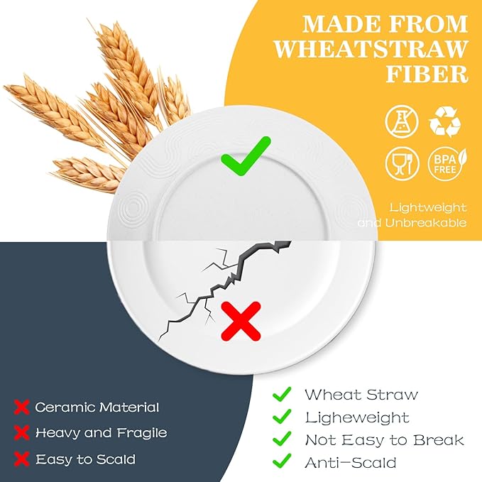 Wheat Straw Dinnerware Sets - 40 PCS Unbreakable Plates and Bowls Sets Service for 8 Kitchen Dishes Set Dinner Plates Cereal Bowls Cups Set Camping Dish Dishwasher &amp Microwave Safe - White