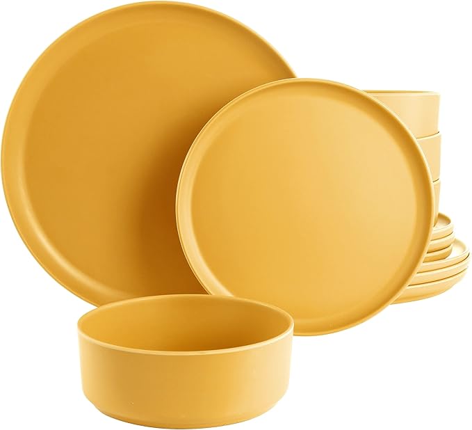 12 Piece Round Dinnerware Set in Yellow Pieces Solid Casual