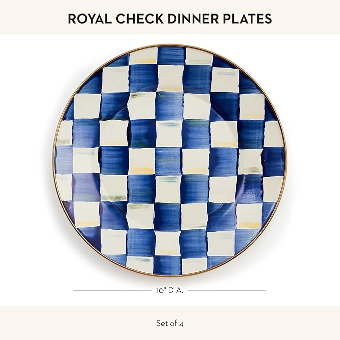 MACKENZIE-CHILDS Enamel Dinner Plate Decorative Dinnerware Plate 10 Inches Set of 4 Blue-and-White Royal Check