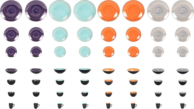 Stoneware Sonoma 56pc Dinnerware Set Black + Speckled Spin Wash Mixed Colors of Purple Turquoise Orange and Grey