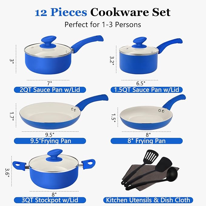 12-Piece Pots and Pans Set Nonstick Ceramic Cookware Set with Stay-Cool Bakelite Handles Non-Toxic Induction Cooking Set Cobalt Blue Kitchen Essentials PFOA &amp PTFE Free