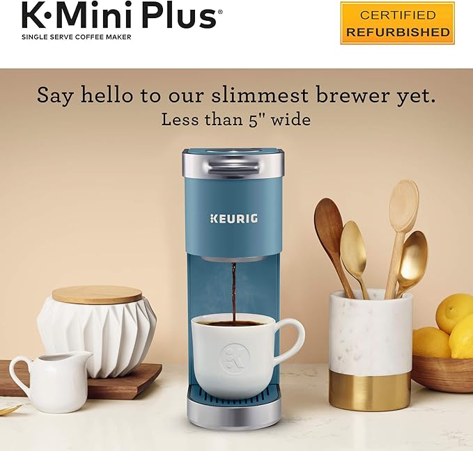 Keurig K-Mini Plus Coffee Maker Certified Refurbished Single Serve K-Cup Pod Coffee Brewer Comes With 6 to 12 oz. Brew Size K-Cup Pod Storage and Travel Mug Friendly Evening Teal (Renewed)
