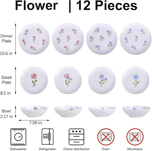 12-Piece Melamine Dinnerware Set Unbreakable Plates and Bowls Set for Outdoor Camping Picnic Party Service for 4 Shatterproof &amp Lightweight Floral Dining Dishes Set Blue Purple Red Pink