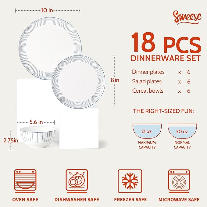 Sweese Lightweight Dinnerware Sets Plates and Bowls Set for 6 18 Pieces Stripe Dishes - Chip and Scratch Resistant Microwave and Dishwasher Safe Porcelain Dinner Sets Blue