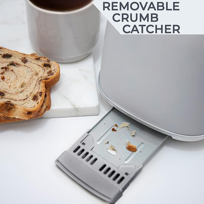Rae Dunn Retro Rounded Bread Toaster 2 Slice Stainless Steel Toaster with Removable Crumb Tray Wide Slot with 6 Browning Levels Bagel Defrost and Cancel Options Sand