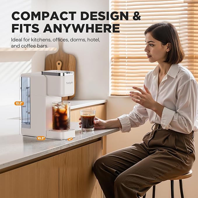 Single Serve Coffee Maker Iced and Hot Coffee Machine for K Cup &amp Grounds Compact Design 40oz Removable Water Reservoir 6 to 24 Oz Brew Sizes Fits 7.3 Travel Mug Beige