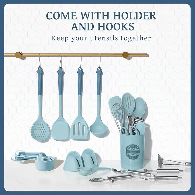 Kikcoin 43Pcs Large Kitchen Utensils Set - Silicone Cooking Utensils Set Dishwasher Safe Spatula Set for Non-stick Cookware 446°F Heat Resistant Kitchen Utensils Set with Holder BPA Free Blue