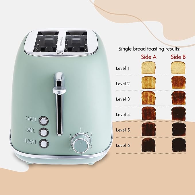 Rae Dunn Retro Rounded Bread Toaster 2 Slice Stainless Steel Toaster with Removable Crumb Tray Wide Slot with 6 Browning Levels Bagel Defrost and Cancel Options Green