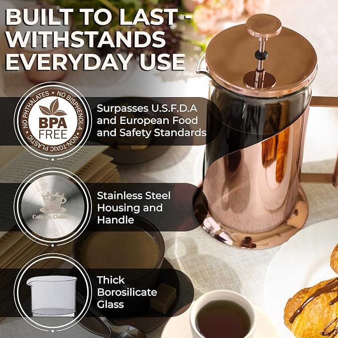 Cafe Du Chateau French Press Coffee Maker Bundle – Stainless Steel Design with 4-Level Filtration for Rich Smooth Brews at Home or Office